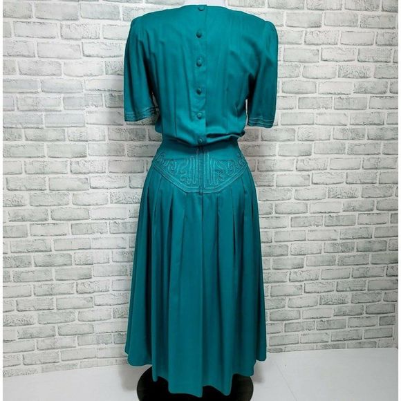 Vintage 80s Sarah Elizabeth Green Embroidery Secretary Midi Dress Short Sleeves - Picture 8 of 10